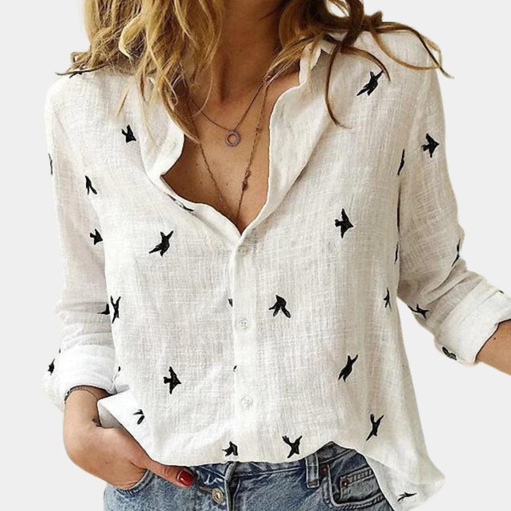 Langarm-Hemdbluse für Damen mit Vogel-Print und Knopfleiste für Büro, Alltag und Freizeit – Leinenoptik, lockerer Schnitt, S bis 2XL, 4 Farben
