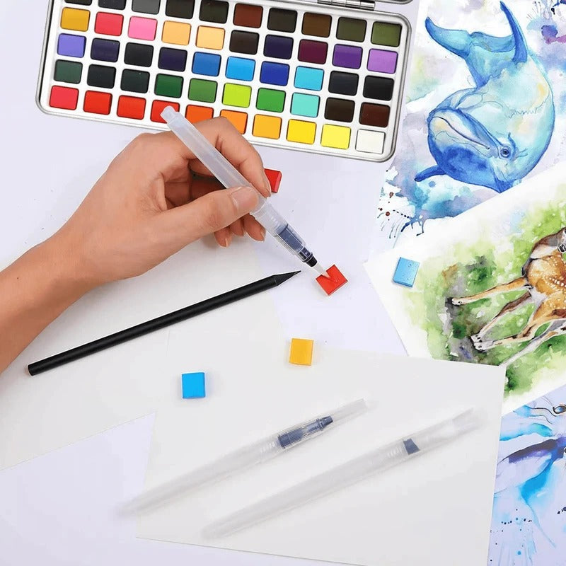 Aquarellfarben-Set mit 50 Farben in Metalldose für Einsteiger und Fortgeschrittene – mit Wassertankpinsel, Malpinsel, Schwamm und Mischschalen