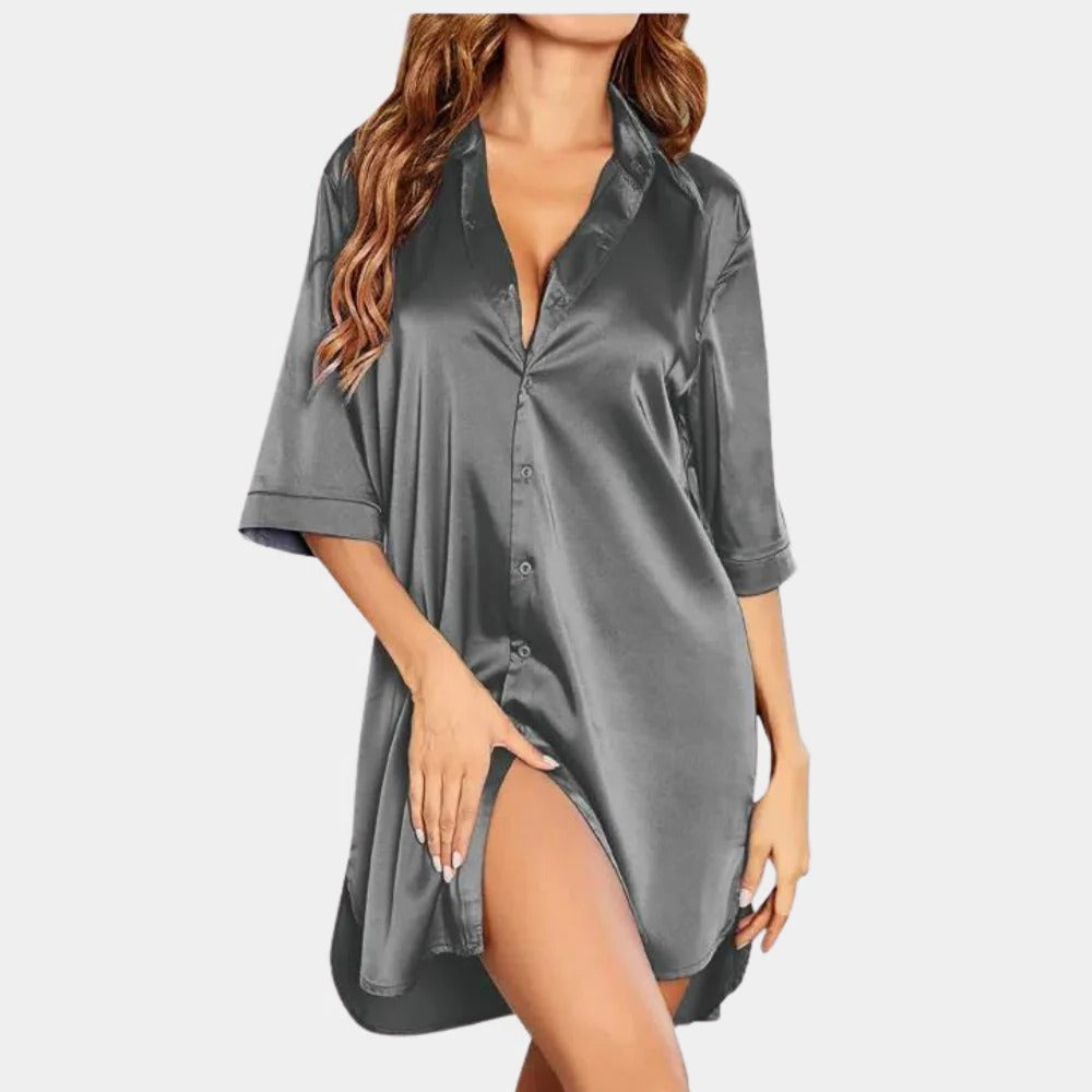 Satin-Nachthemd für Damen in Hemdblusenform für Nacht, Sofa und Wellnesstag – Knopfleiste, Reverskragen, halbe Ärmel, S bis 2XL, 4 Farben