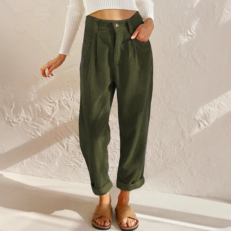Cordhose für Damen mit hohem elastischem Bund und lockerem Bein für den Alltag – bequeme Passform, S bis 3XL, 5 Farben von Sonnengelb bis Schwarz
