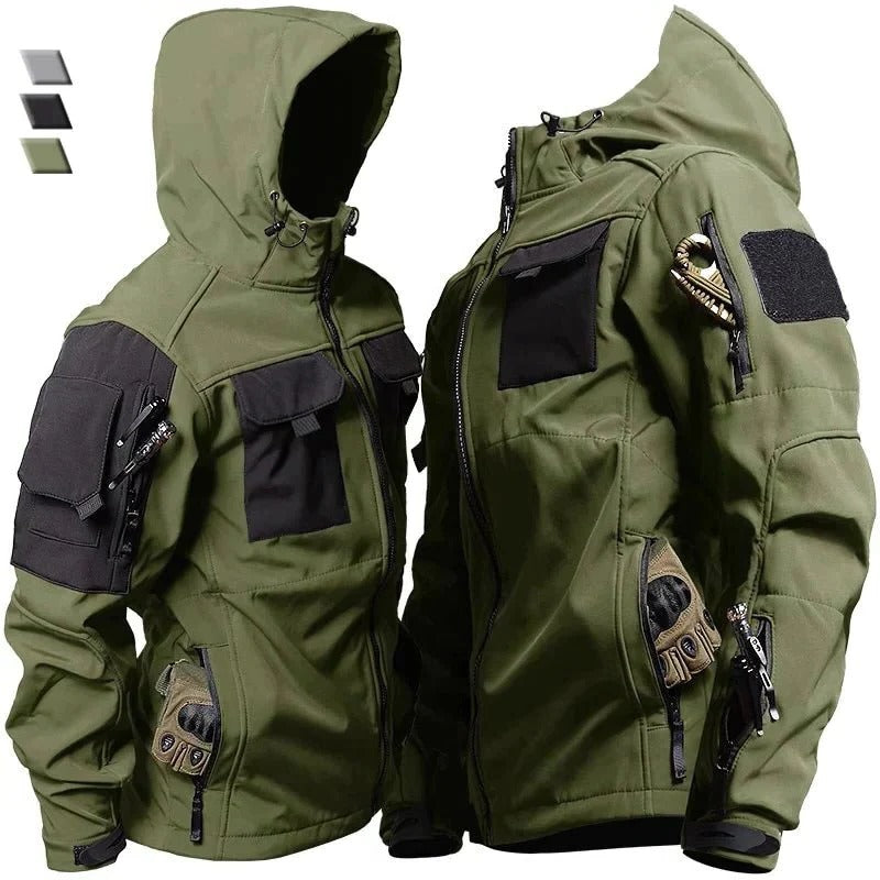 Winddichte Kapuzenjacke im taktischen Design für Outdoor-Aktivitäten und wechselhaftes Wetter – mehrere Taschen, S bis XL, in Grün, Schwarz oder Grau