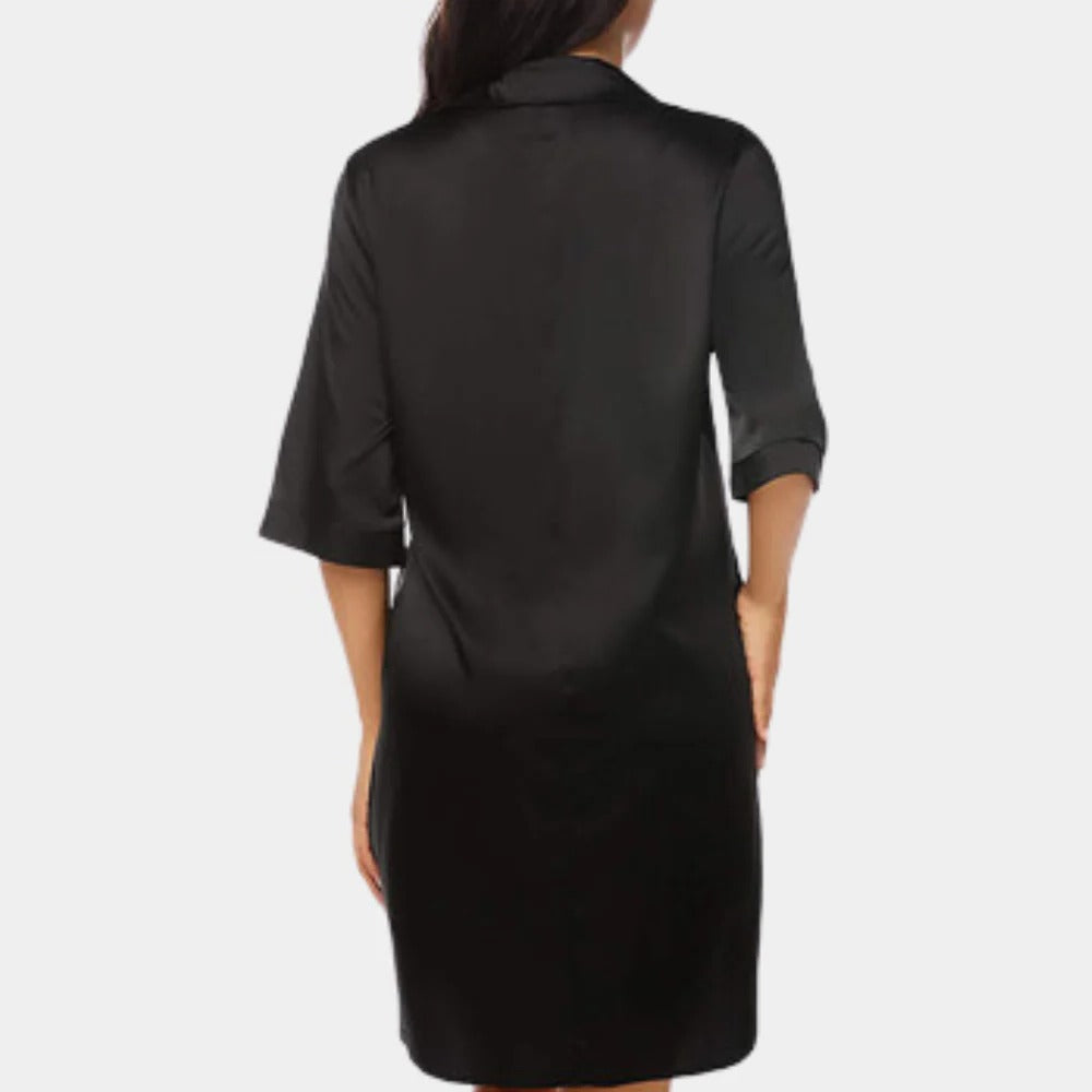 Satin-Nachthemd für Damen in Hemdblusenform für Nacht, Sofa und Wellnesstag – Knopfleiste, Reverskragen, halbe Ärmel, S bis 2XL, 4 Farben