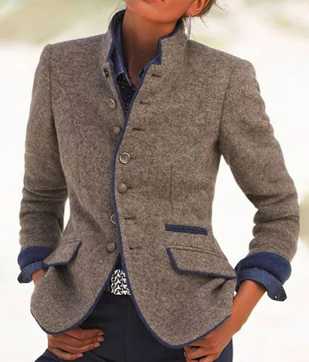 Taillierte Damenjacke in Tweed-Optik mit Stehkragen und Knopfleiste für verschiedene Anlässe – marineblaue Kontrastpaspeln, Pattentaschen, S bis 2XL