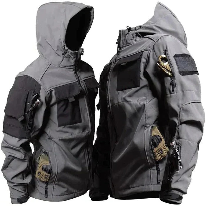 Winddichte Kapuzenjacke im taktischen Design für Outdoor-Aktivitäten und wechselhaftes Wetter – mehrere Taschen, S bis XL, in Grün, Schwarz oder Grau