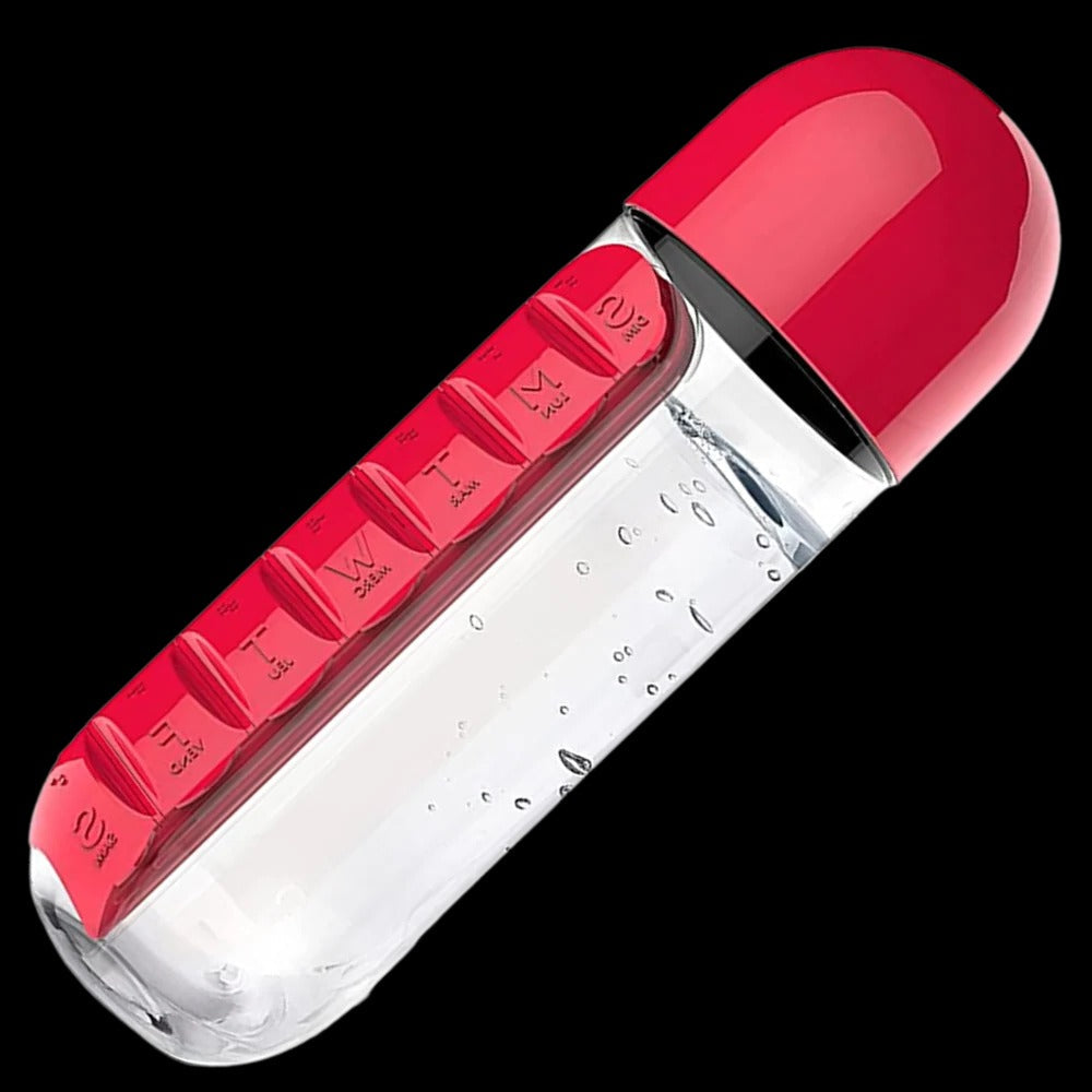 Trinkflasche mit 7-Tage-Pillenfach für Büro, Sport und Reisen – Getränk und Wochenration Tabletten in einem, transparent, in 5 Farben