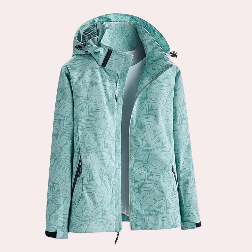 Damenjacke mit abnehmbarer Kapuze und Blätter-Muster für Alltag und Ausflüge – Polyester, atmungsaktiv, Reißverschluss, Taschen, XS bis XL, 5 Farben
