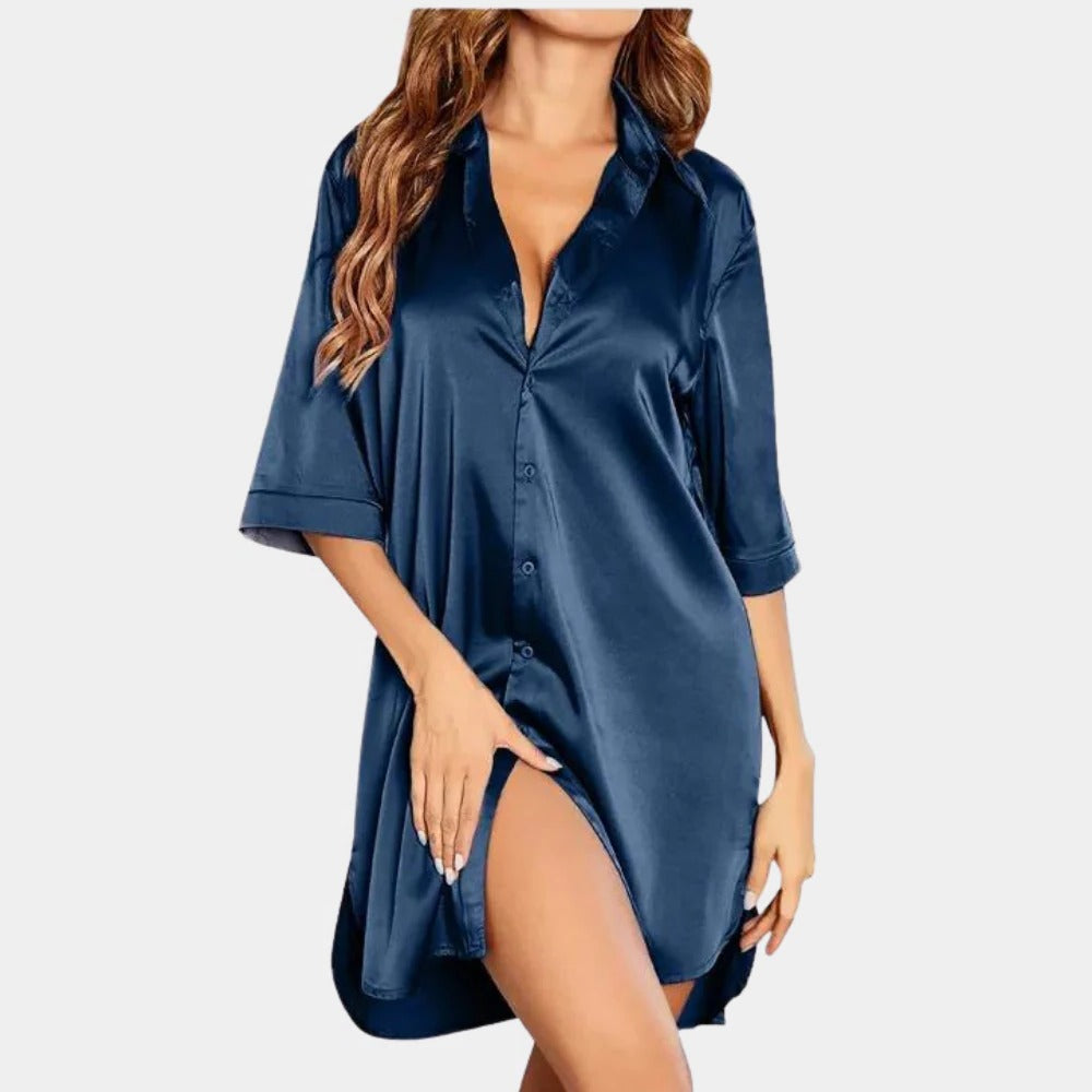 Satin-Nachthemd für Damen in Hemdblusenform für Nacht, Sofa und Wellnesstag – Knopfleiste, Reverskragen, halbe Ärmel, S bis 2XL, 4 Farben