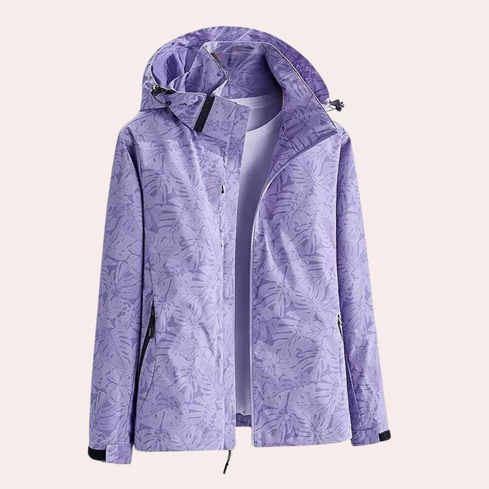 Damenjacke mit abnehmbarer Kapuze und Blätter-Muster für Alltag und Ausflüge – Polyester, atmungsaktiv, Reißverschluss, Taschen, XS bis XL, 5 Farben
