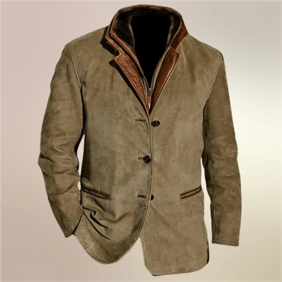 Herren-Vintage-Jacke aus Suede mit Knopfleiste und wärmendem Futter für Herbst und Winter – Kragen-Einsatz mit Reißverschluss, S bis 5XL, Khaki