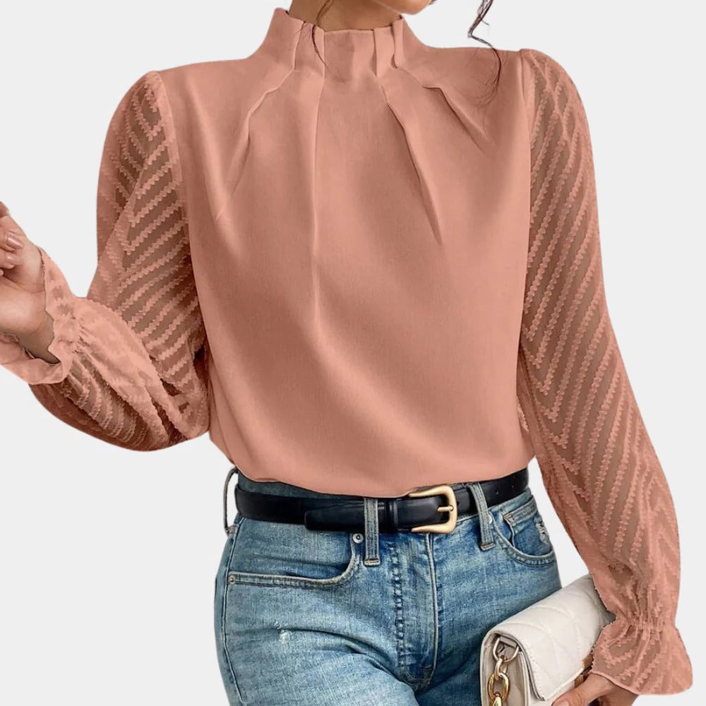 Damenbluse mit halbtransparenten gestreiften Ärmeln für Sommer und Übergangszeit – Stehkragen mit Falten, Rüschenbündchen, S bis 2XL, 5 Farben