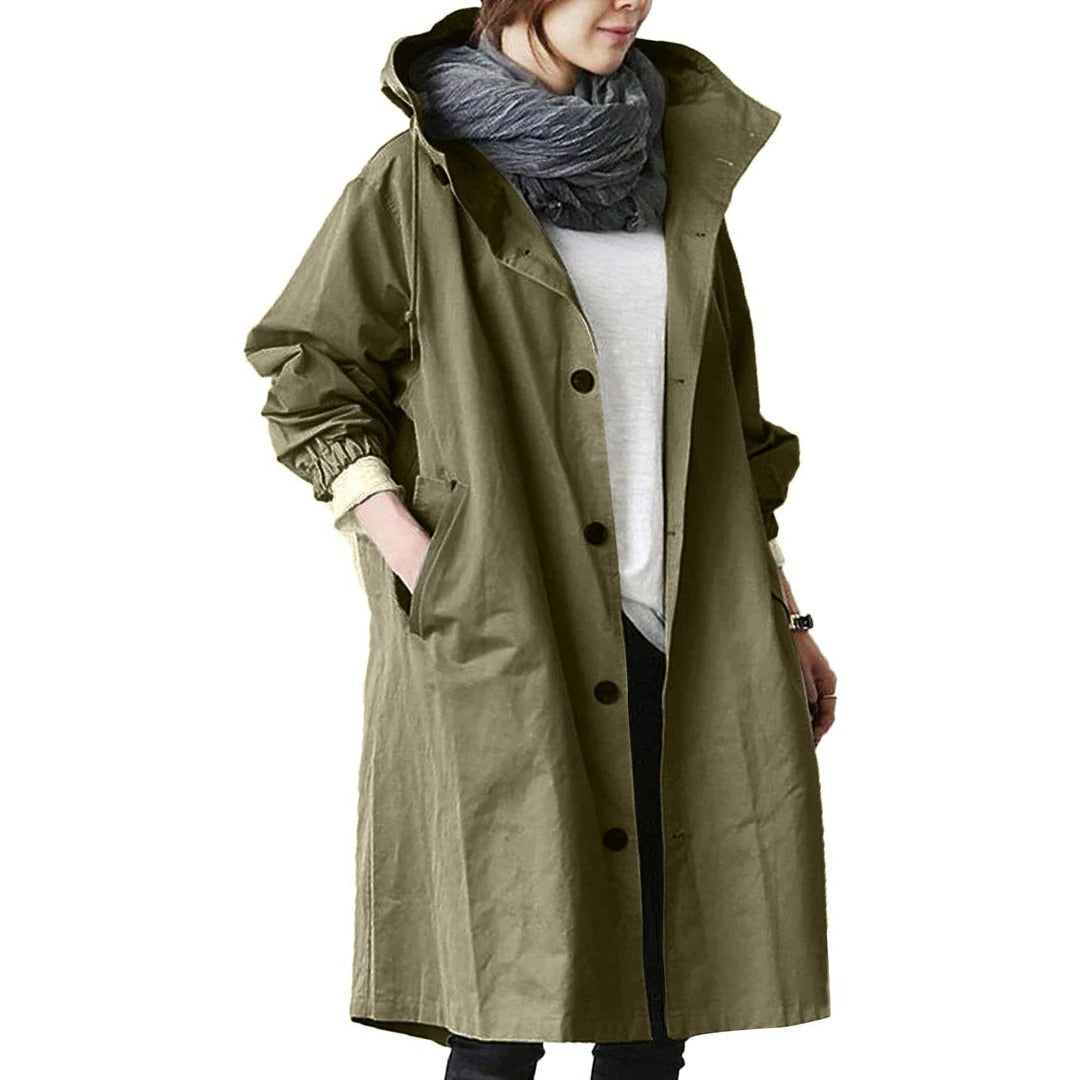 Langer wasserdichter Regenmantel für Damen mit Kapuze und Gürtel für Regentage und Arbeitsweg – atmungsaktiv, mit Taschen, S bis 3XL, 6 Farben