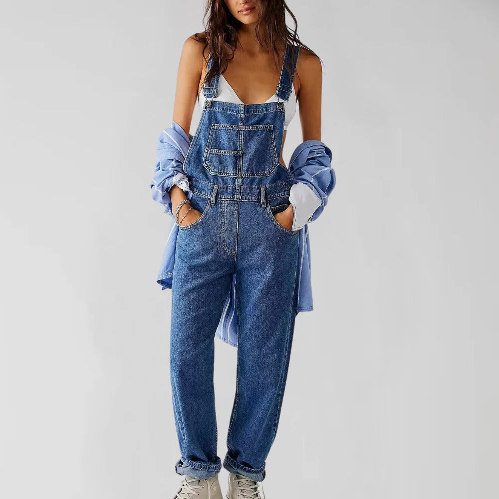 Jeans-Latzhose für Damen mit Trägern und lockerem Bein für Alltag, Arbeit und Freizeit – weicher, robuster Stoff, XS bis XL, 4 Farben