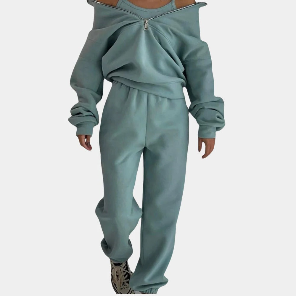 Zweiteiliger Damen-Jogginganzug mit Half-Zip-Oberteil und Jogginghose für Zuhause und Sport – locker, weich, S bis XL, Rosa, Grün oder Blau
