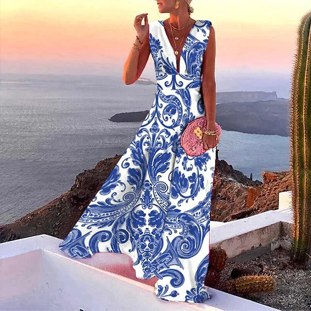 Ärmelloses Maxikleid mit V-Ausschnitt und tailliertem Schnitt für Urlaub, Alltag und Anlässe – atmungsaktiv, S bis 3XL, 4 Farben