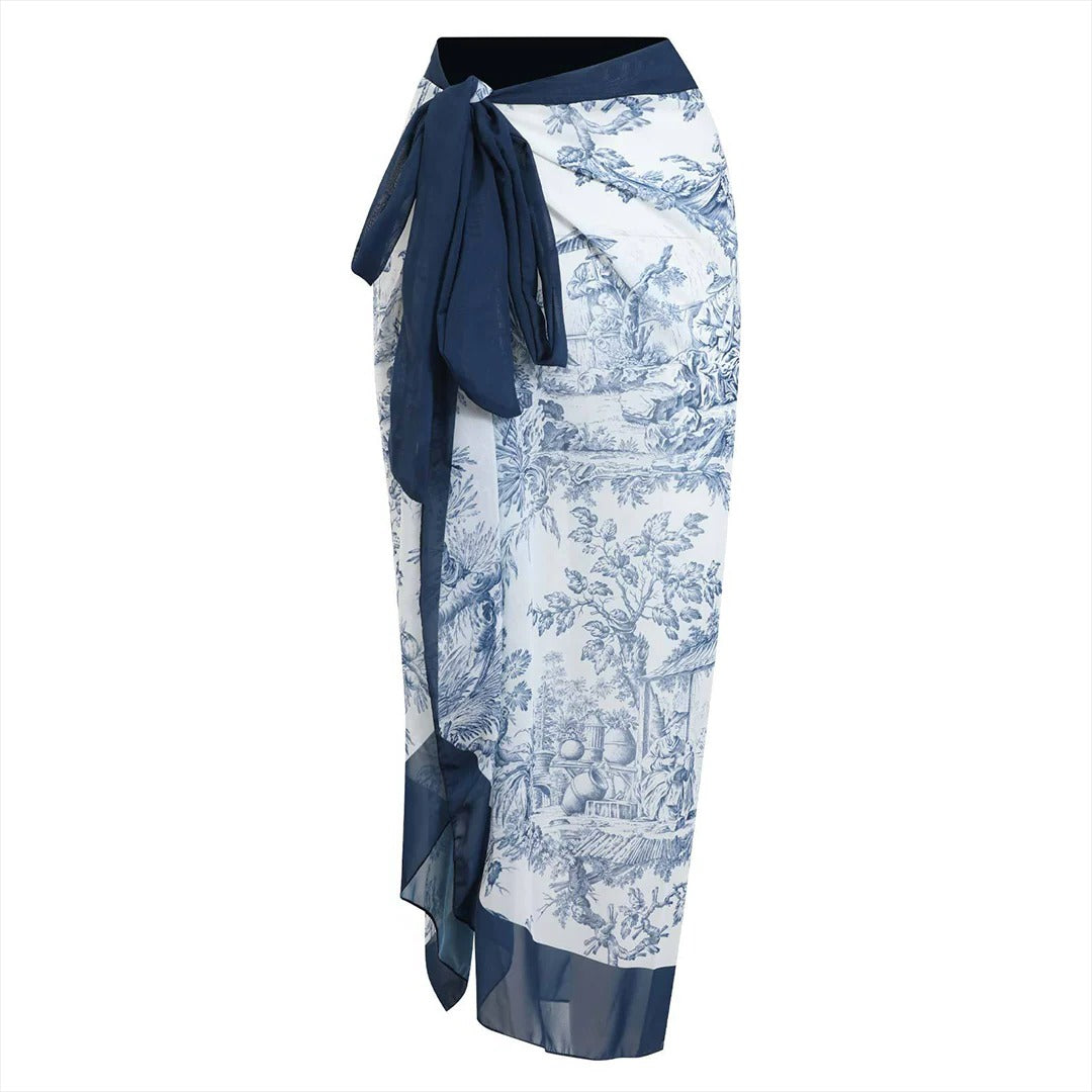 Badeanzug mit passendem Sarong im Set für Damen für Freibad, Badesee und Strandurlaub – blau-weißes Toile-Muster, Spaghettiträger, S bis XL