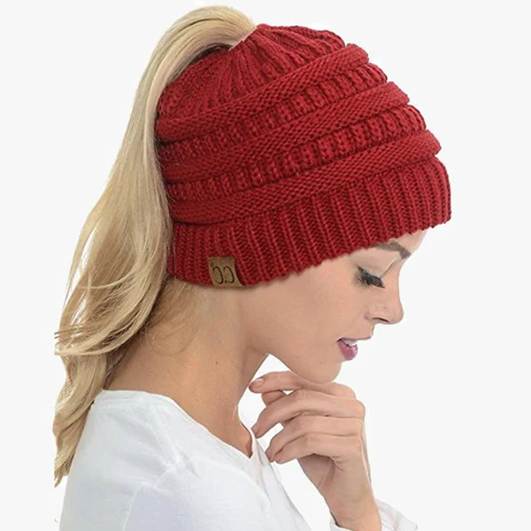 Damen-Beanie mit Zopfloch für Pferdeschwanz und Messy Bun für kalte Tage und Sport – Rippstrick aus Acryl, ca. 20 × 23 cm, 10 Farben