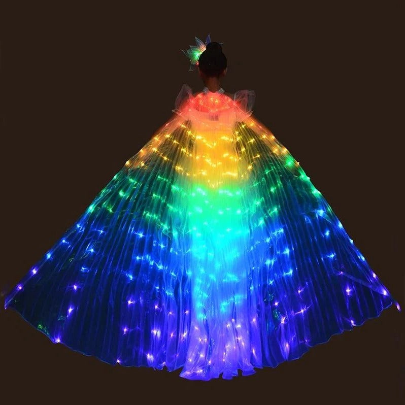 Leuchtende LED-Schmetterlingsflügel mit Teleskopstäben und Halskragen für Auftritte und Events – Erwachsene oder Kinder, 2 Lichtmodi, 7 Farben