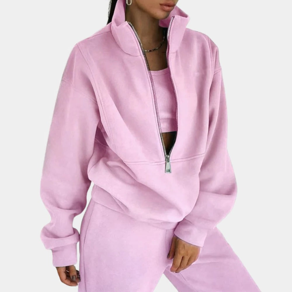 Zweiteiliger Damen-Jogginganzug mit Half-Zip-Oberteil und Jogginghose für Zuhause und Sport – locker, weich, S bis XL, Rosa, Grün oder Blau