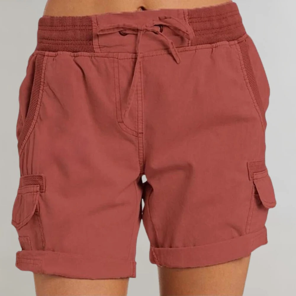 High-Waist-Cargo-Shorts für Damen mit Tunnelzug für Sommer, Alltag und Urlaub – elastischer Bund, Pattentaschen, Aufschlag, S bis 3XL, 5 Farben