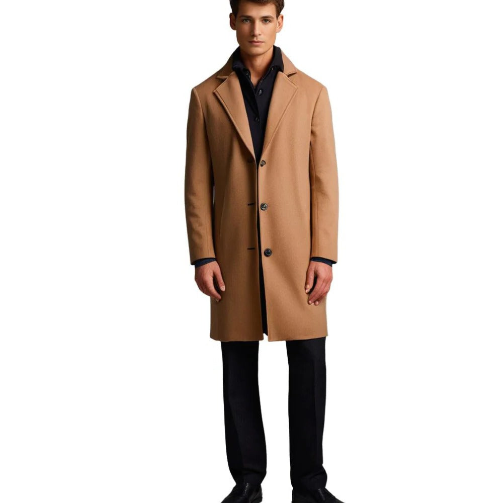 Langer einreihiger Wintermantel für Herren für Alltag, Spaziergang und Abend – Reverskragen, Knopfleiste, M bis 5XL, Beige, Schwarz oder Hellgrau