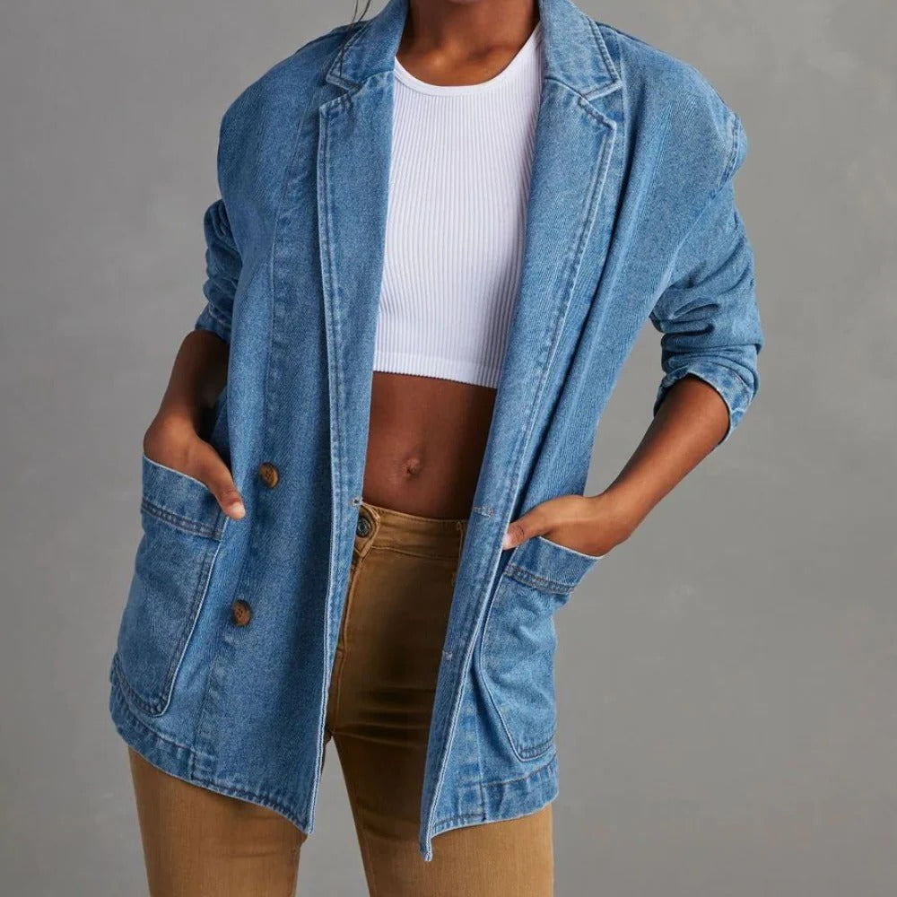 Jeans-Blazer für Damen im Oversize-Schnitt mit Reverskragen und aufgesetzten Taschen – Knopfverschluss, hellblauer Denim, Übergangsjacke, XS bis XL