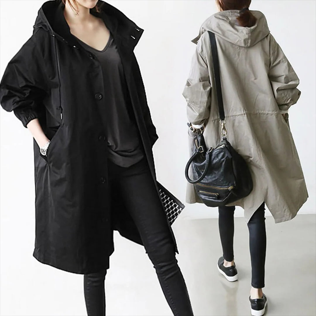 Langer wasserdichter Regenmantel für Damen mit Kapuze und Gürtel für Regentage und Arbeitsweg – atmungsaktiv, mit Taschen, S bis 3XL, 6 Farben