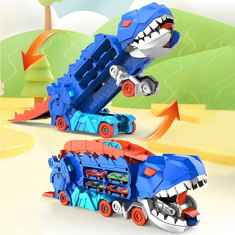Dinosaurier-Transporter zum Umbauen mit zwei Rennbahnen und Autostauraum für Kinder – 2-in-1, ABS, mit 8 Spielzeugautos, Blau, Rot oder Grün