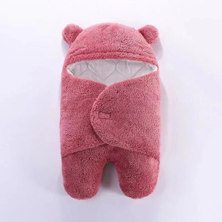 Baby-Pucksack mit Bärenohren-Kapuze für Kuschelzeit und Nacht – flauschige Einschlagdecke mit Klettverschluss, 60 × 40 bis 78 × 45 cm, 6 Farben