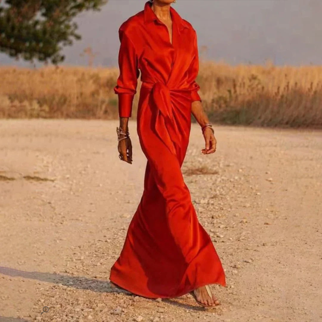 Langes Hemdblusenkleid für Damen mit Knotendetail für Frühling, Alltag und Anlässe – Hemdkragen, Knopfleiste, lange Ärmel, S bis 2XL, Rot oder Blau