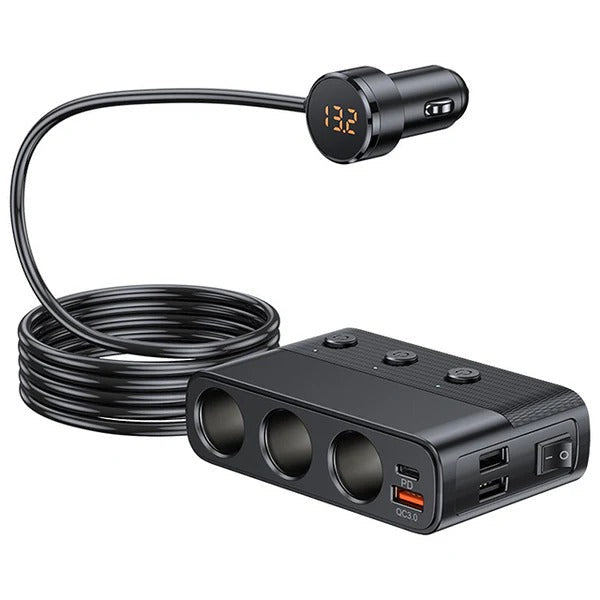 Kfz-Mehrfachsteckdose 7 in 1 mit 3 Zigarettenanzünder-Buchsen und 4 USB-Ports für das Auto – 12/24 V, 128 W, USB-C PD 30 W, Spannungsanzeige