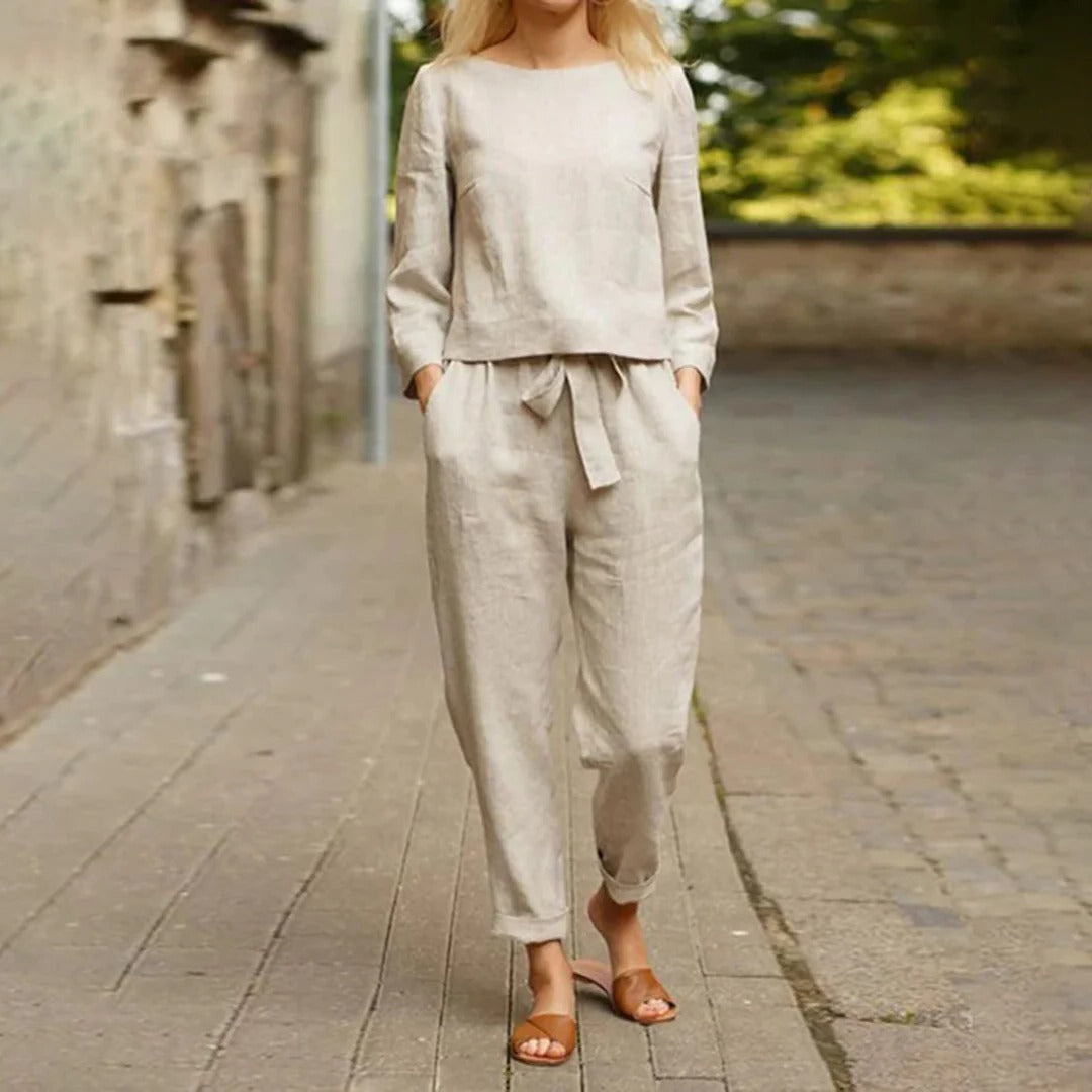 Zweiteiliges Freizeit-Set aus Langarm-Oberteil und Hose für Alltag, Frühjahr und Herbst – Polyester, Rundhals, Bindegürtel, S bis 3XL, 4 Farben