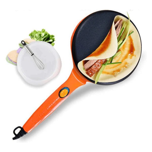 Elektrischer Crêpes-Maker mit Stiel zum Eintauchen in den Teig für dünne Crêpes, Pfannkuchen und Wraps – runde Antihaft-Platte, Orange