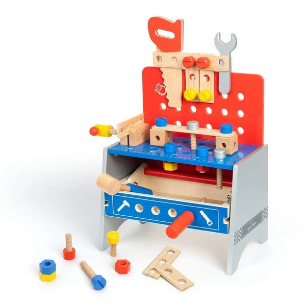 Spielzeug-Werkbank aus Holz für Kinder mit Werkzeugkiste für Rollenspiele im Kinderzimmer – Lochwand, Hammer, Säge, Schrauben und Muttern, Rot-Blau