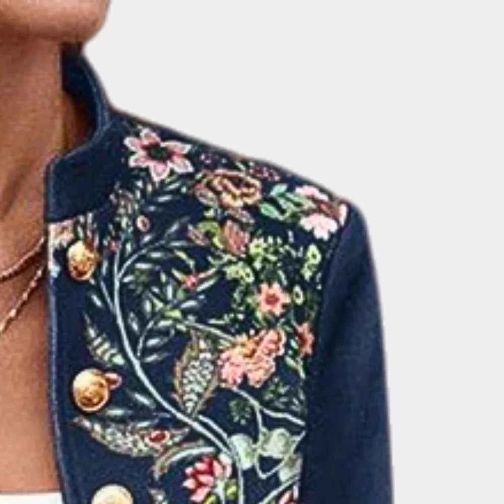 Damenblazer mit Blumenprint und Stehkragen für Geschäftstermine und Abend – Polyester, Dunkelblau, goldfarbene Knöpfe, Größe XS bis XL