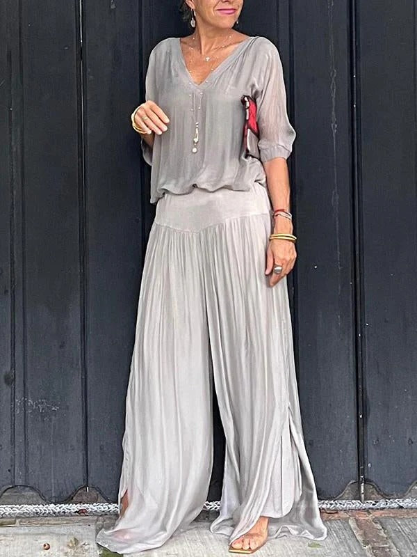 Elegantes Zweiteiler-Set aus Oberteil und weiter Chiffonhose für Hochzeiten, Dinner und Abendveranstaltungen – S bis 3XL, 10 Farben