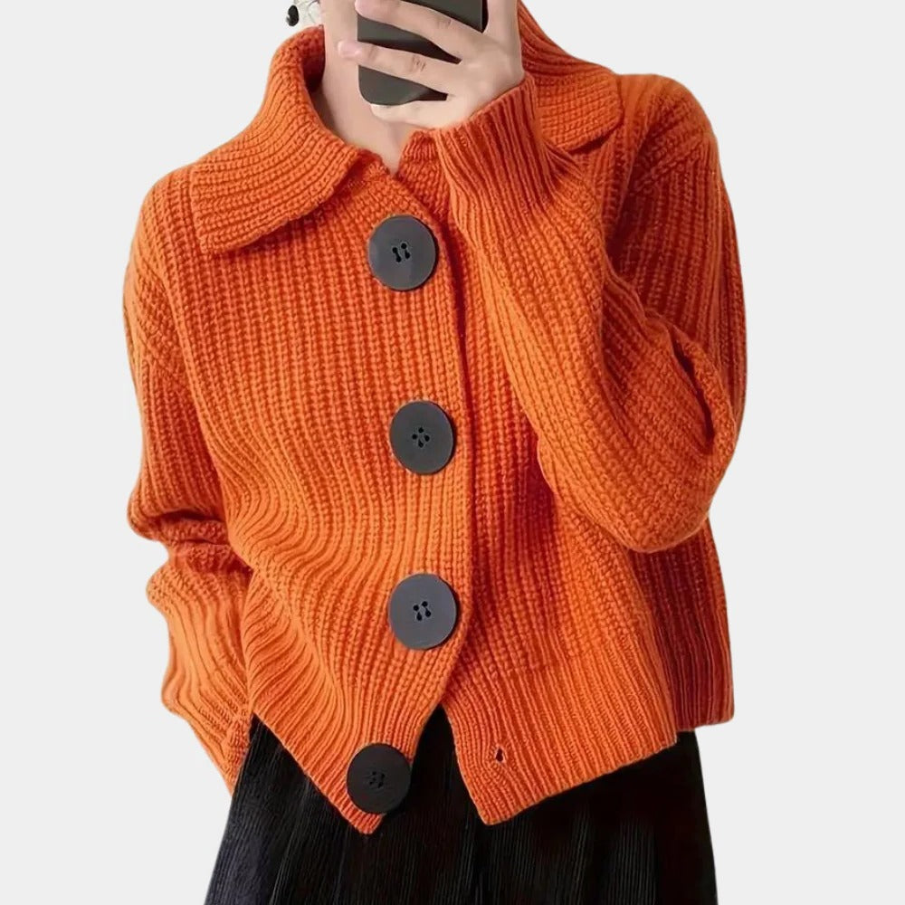 Kurzer Grobstrick-Cardigan für Damen mit großem Umlegekragen und großen Knöpfen für Büro, Alltag und Übergangszeit – Orange, XS bis XL