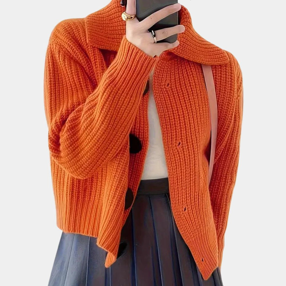 Kurzer Grobstrick-Cardigan für Damen mit großem Umlegekragen und großen Knöpfen für Büro, Alltag und Übergangszeit – Orange, XS bis XL