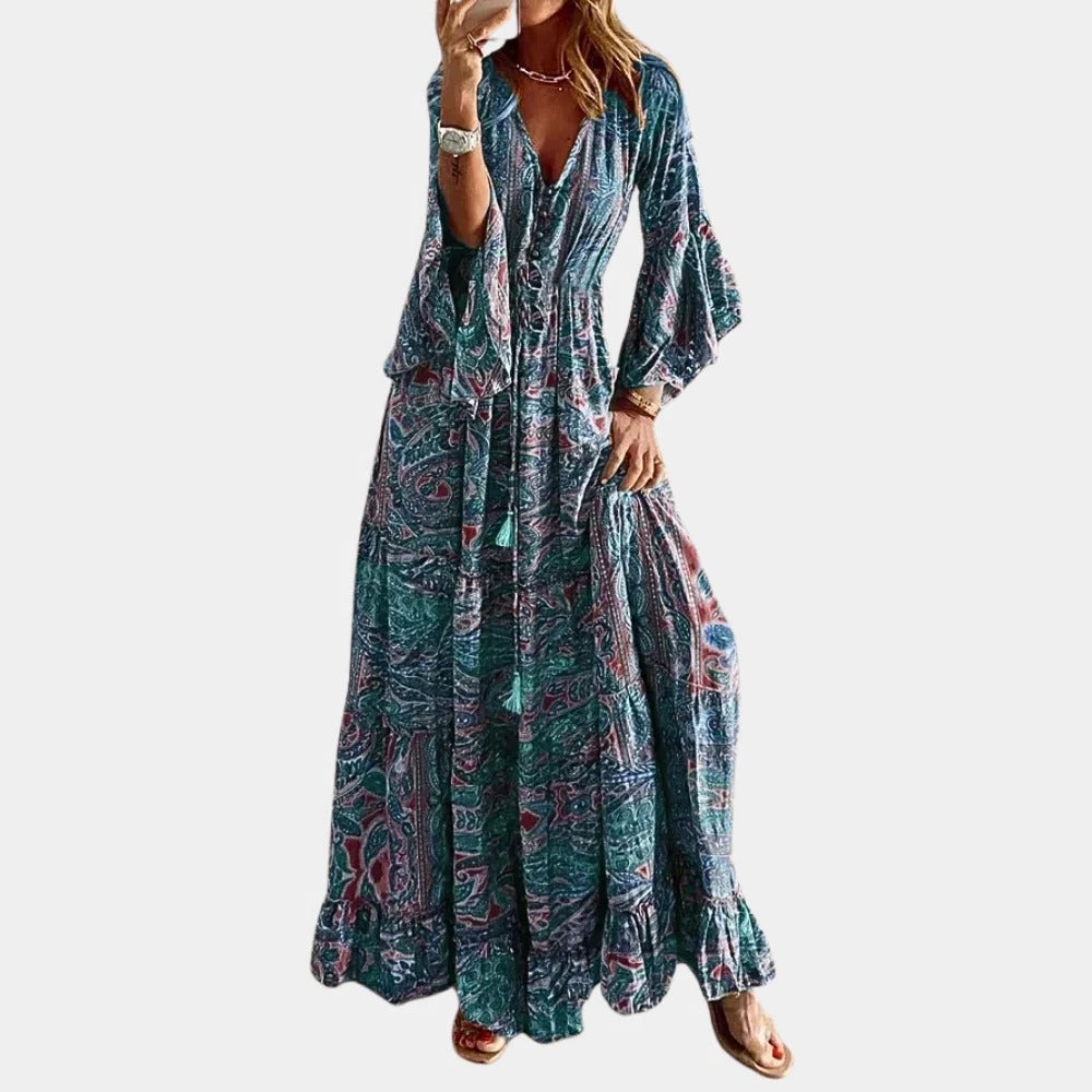 Langes Boho-Kleid für Damen mit Paisley-Print für Alltag, Date und Hochzeitsgäste – V-Ausschnitt, Trompetenärmel, Bindeband, S bis 3XL, 6 Farben