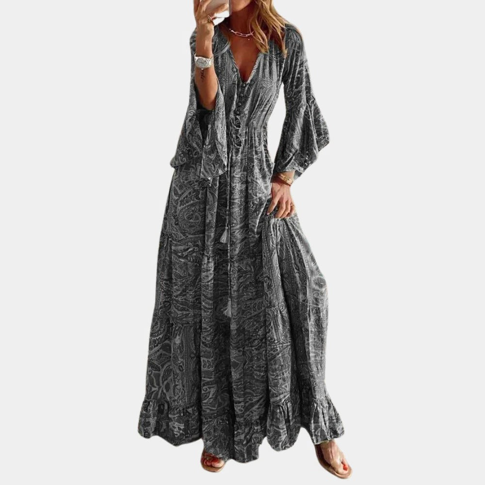 Langes Boho-Kleid für Damen mit Paisley-Print für Alltag, Date und Hochzeitsgäste – V-Ausschnitt, Trompetenärmel, Bindeband, S bis 3XL, 6 Farben
