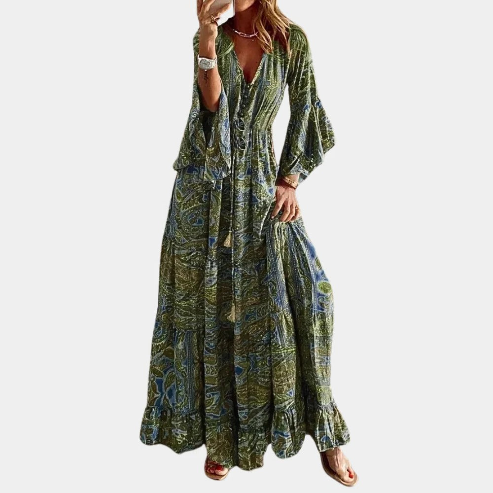 Langes Boho-Kleid für Damen mit Paisley-Print für Alltag, Date und Hochzeitsgäste – V-Ausschnitt, Trompetenärmel, Bindeband, S bis 3XL, 6 Farben
