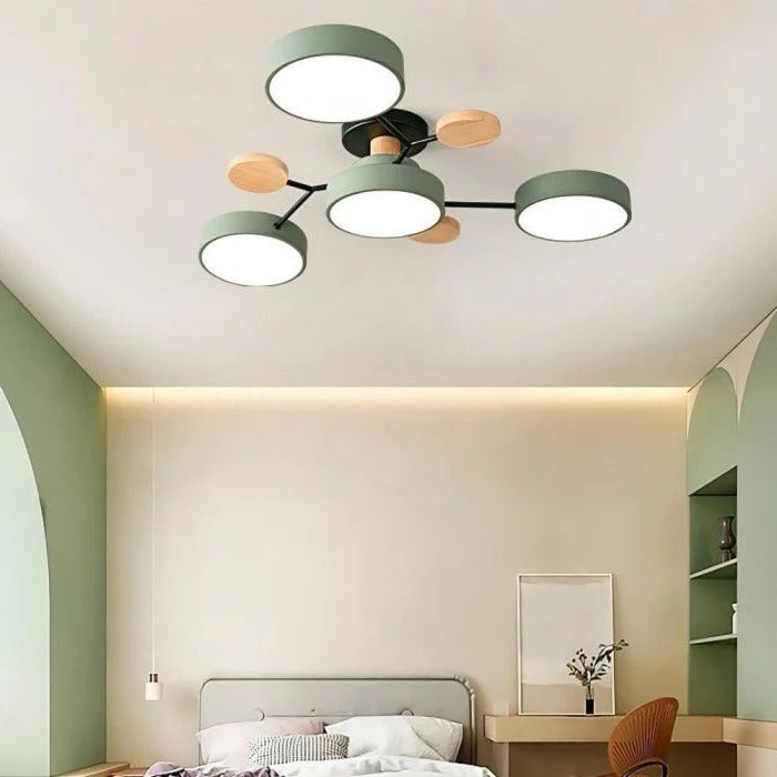 LED-Deckenleuchte in Astform mit 4 runden Leuchten und Holzakzenten für Wohnzimmer und Esstisch – skandinavischer Stil, Ø ca. 60 cm, Mattweiß, 3000 K