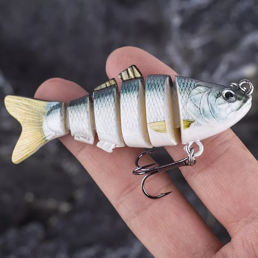 Gegliederter Wobbler mit 6 Segmenten zum Angeln auf Barsch, Hecht und Forelle – ca. 10 cm, 19 g, Tauchtiefe 1,5–3 m, Drillinge, Rassel