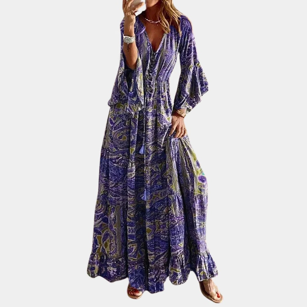 Langes Boho-Kleid für Damen mit Paisley-Print für Alltag, Date und Hochzeitsgäste – V-Ausschnitt, Trompetenärmel, Bindeband, S bis 3XL, 6 Farben