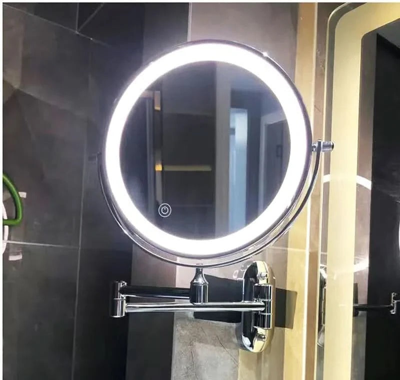 LED-Kosmetikspiegel zur Wandmontage mit Schwenkarm und Akku für Bad und Schminktisch – rund, beleuchtet, mit Vergrößerung