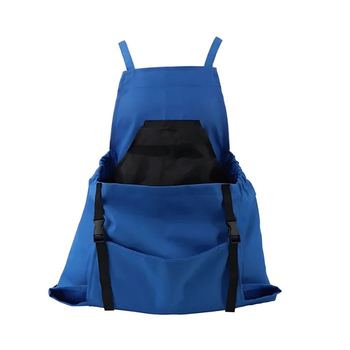 Ernteschürze mit Schnellentleer-Tasche für Garten, Beet und Obsternte – große Fronttasche, Öffnung unten, in Blau, Grau, Grün und Pink