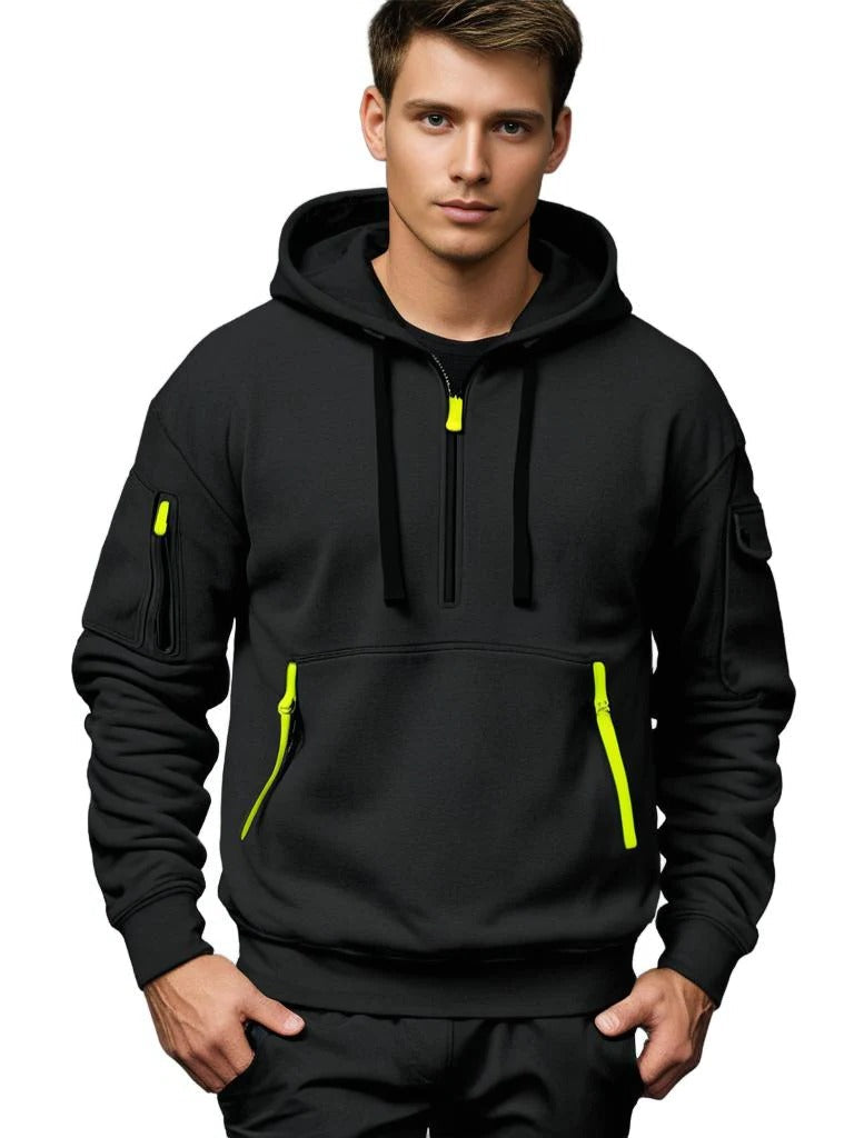Herren-Hoodie mit kurzem Reißverschluss und Kapuze für Freizeit, Sport und Alltag – Reißverschlusstaschen, Ärmeltasche, S bis XL, 4 Farben