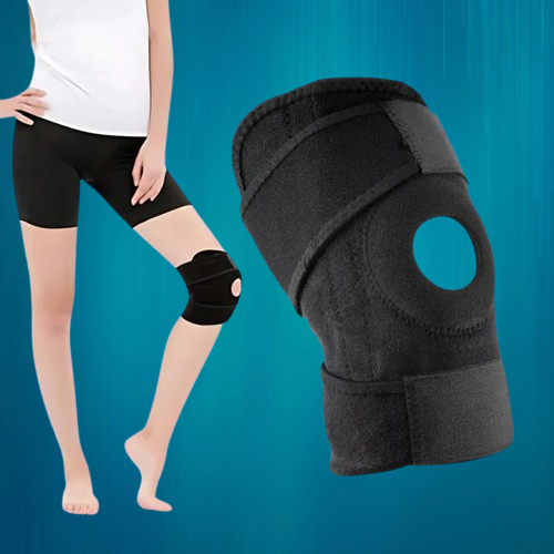 Kniebandage aus Neopren mit verstellbarer Kompression und seitlichen Stabilisatoren für Sport und Alltag – Polsterung, ca. 52 × 21 cm, Schwarz