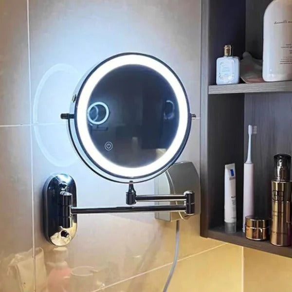 LED-Kosmetikspiegel zur Wandmontage mit Schwenkarm und Akku für Bad und Schminktisch – rund, beleuchtet, mit Vergrößerung
