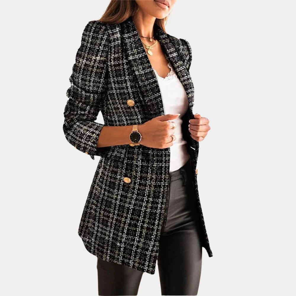 Zweireihiger Damen-Blazer in Tweed- und Karo-Optik für Büro, Business-Look und Abend – goldfarbene Knöpfe, Braun, Schwarz oder Khaki, S bis 3XL