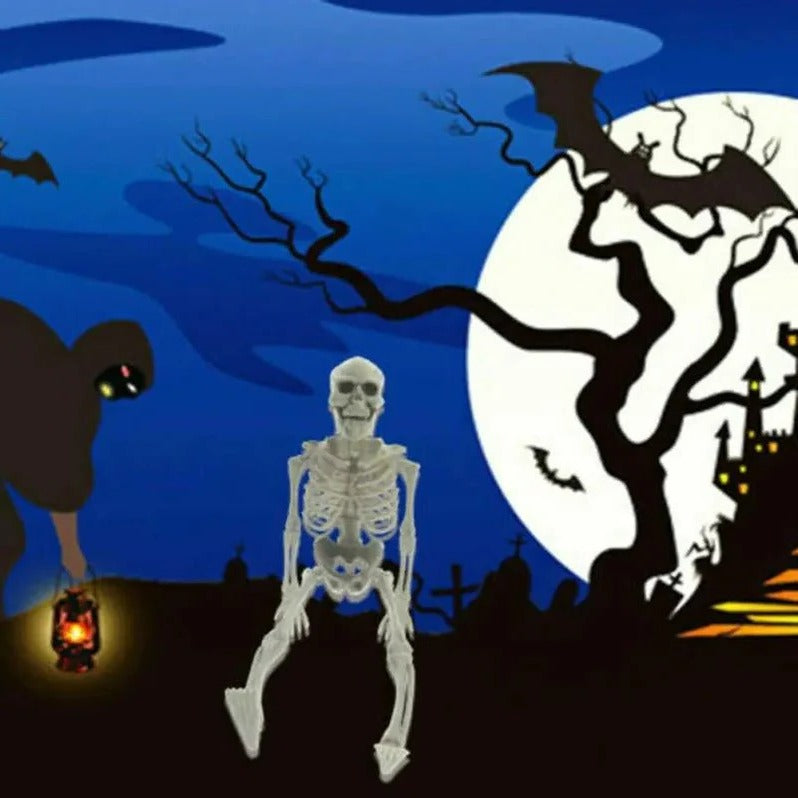 Bewegliches Deko-Skelett aus Kunststoff für Halloween-Deko drinnen und auf der Veranda – ca. 40 × 12 cm, Gelenke an Armen, Beinen und Kiefer